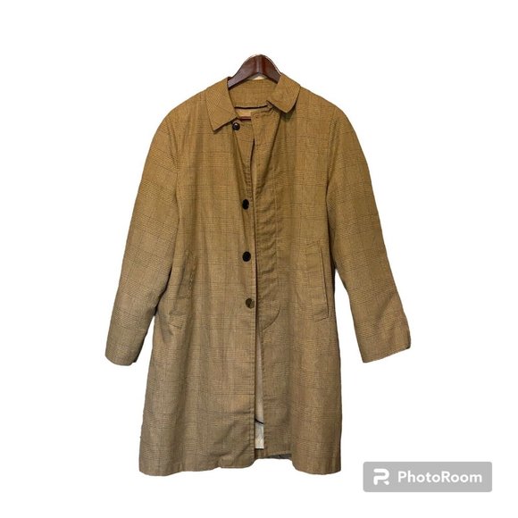 Tan Plaid Men's 40 or Large Vintage Overcoat Trench Coat Zip Out Lining - Picture 1 of 8